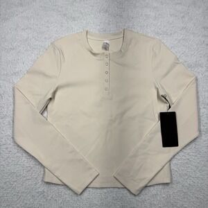 NWT 90 Degrees by Reflex Ribbed Henley Long Sleeve Top Cream Women's Size Large